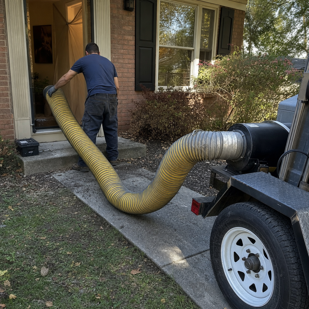 Technician using professional industrial air duct cleaning equipment at a residence in Hamilton, OH