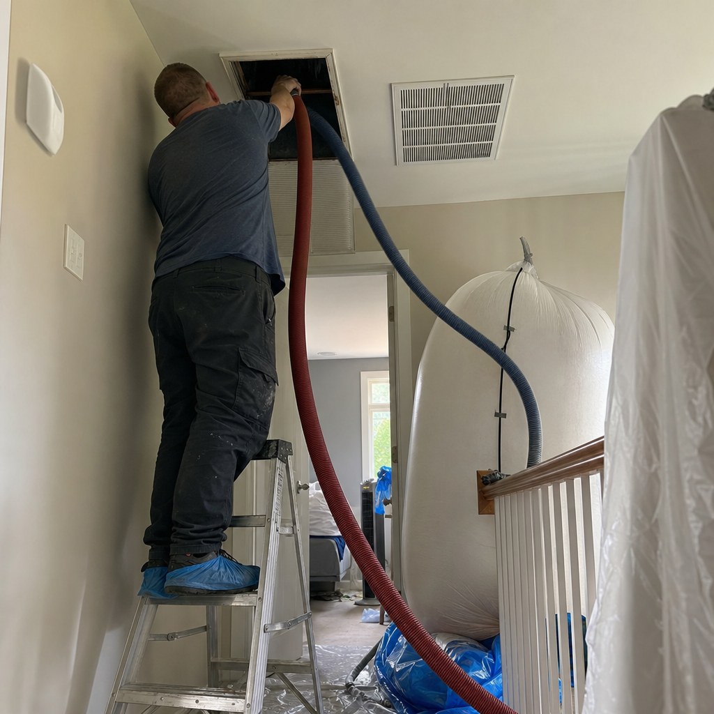 Technician using vacuum system for professional residential air duct cleaning in Franklin, OH