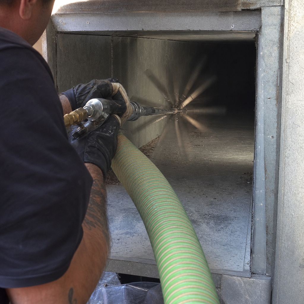 Technician using a rotating brush tool for professional air duct cleaning. in Centerville, OH
