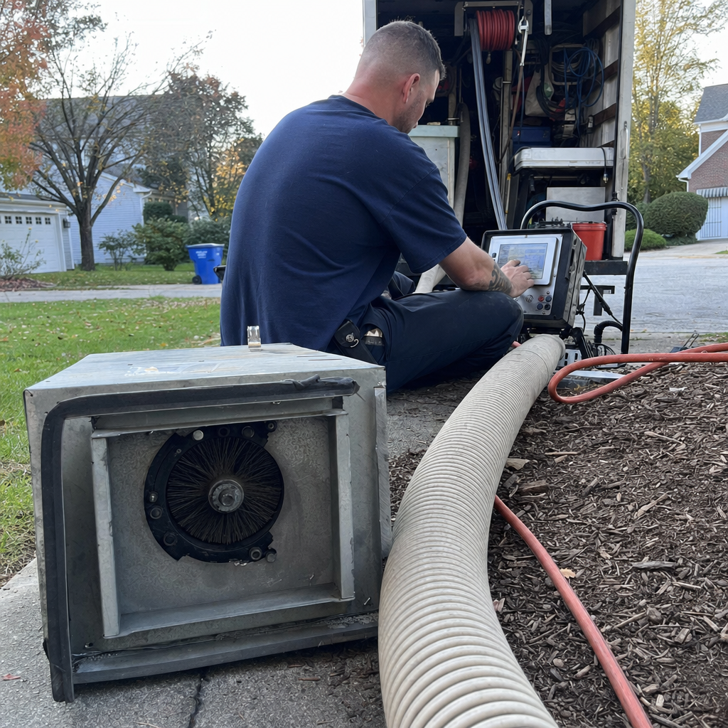 Technician operating professional air duct cleaning equipment outdoors in Cincinnati, OH
