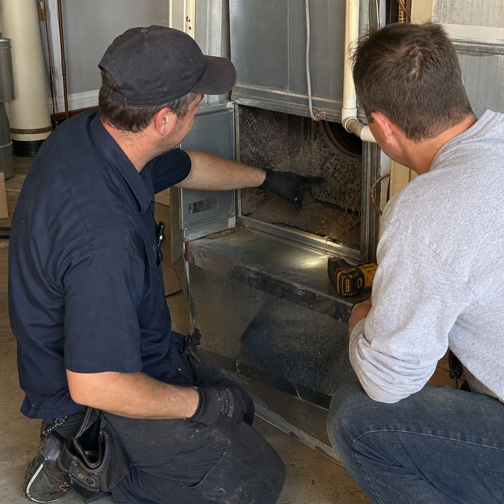 HVAC technician inspecting dirty furnace air ducts for cleaning services in Cincinnati, OH