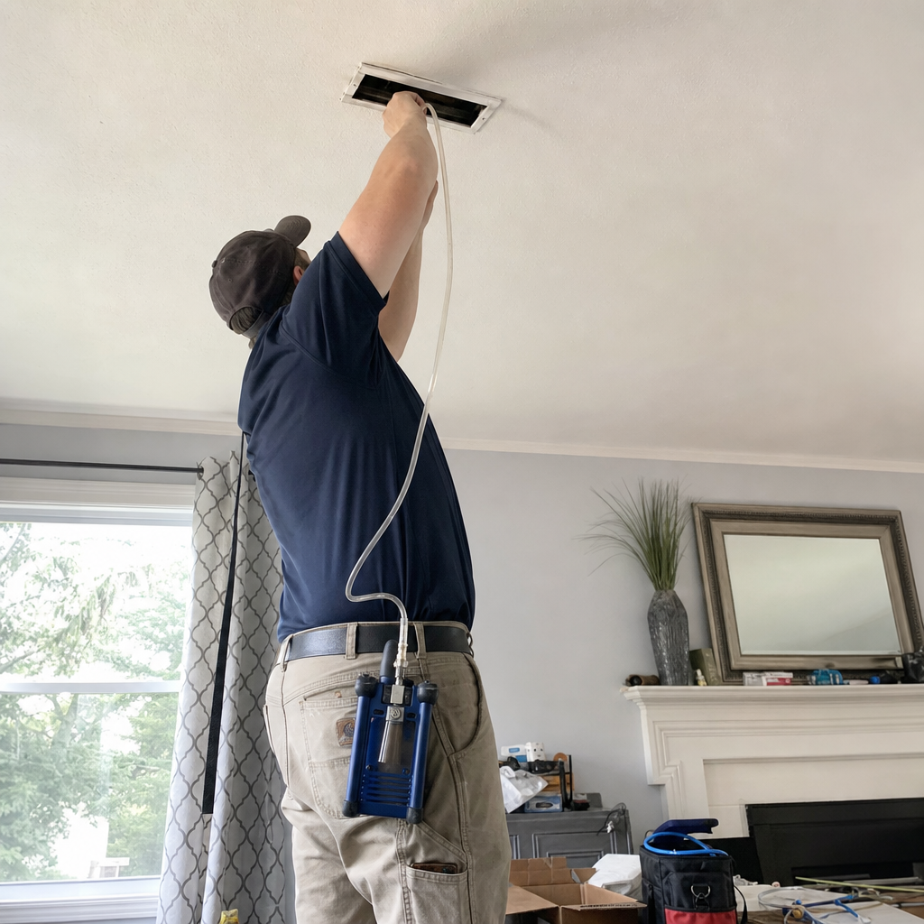 Technician performing professional air quality and sanitization on ceiling duct vent in Cold Spring, KY