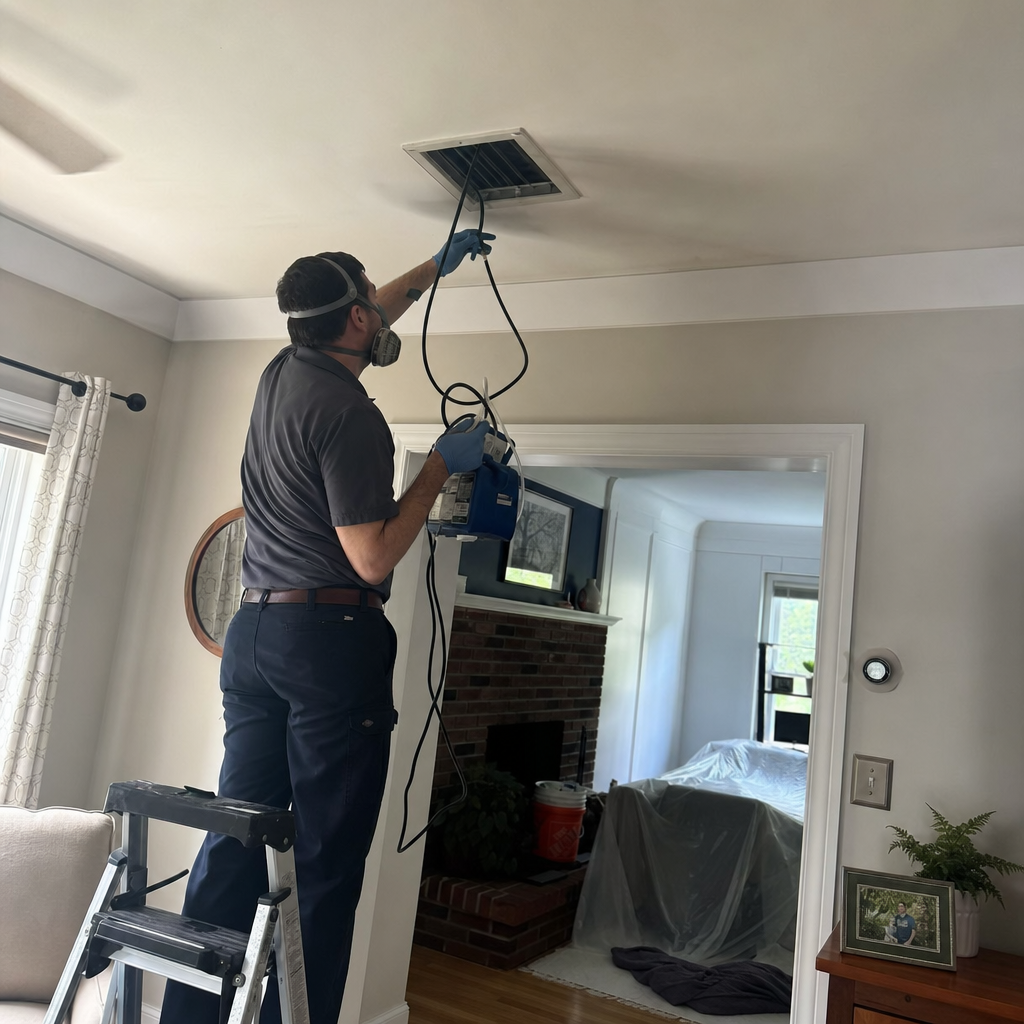 Technician performing professional residential air duct cleaning and sanitization service in Cold Spring, KY