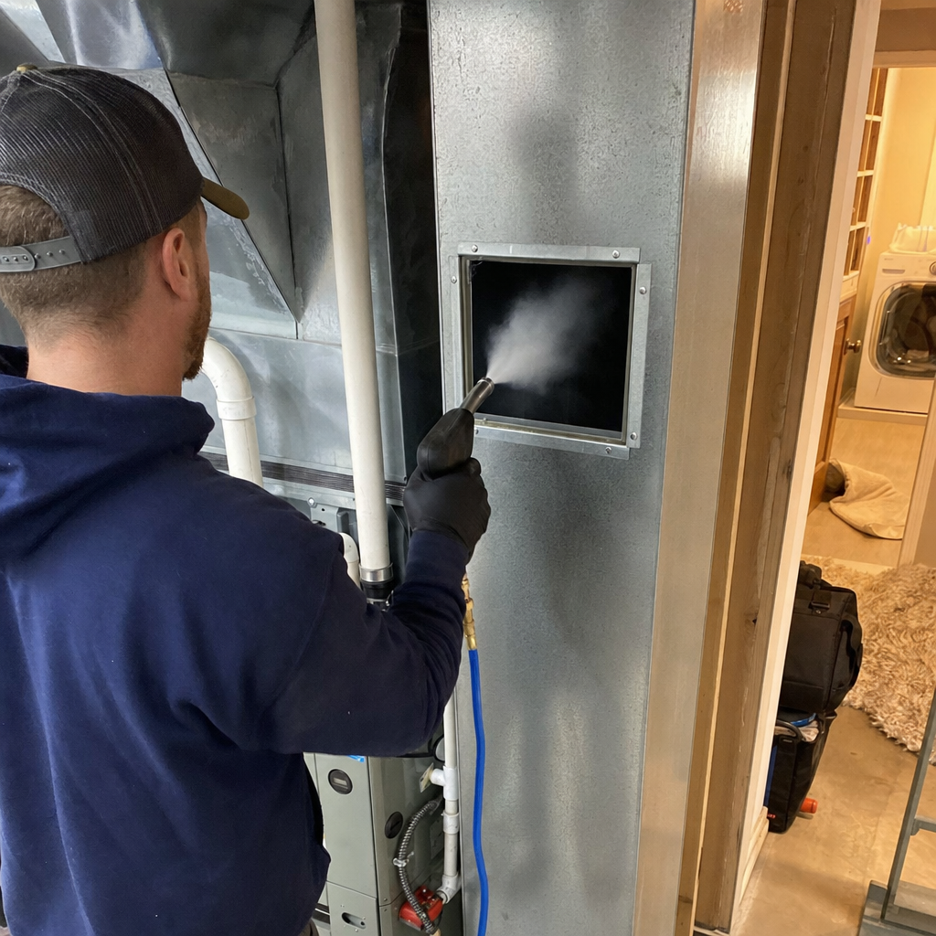 Technician performing professional air duct sanitizing and indoor air quality treatment in Cold Spring, OH