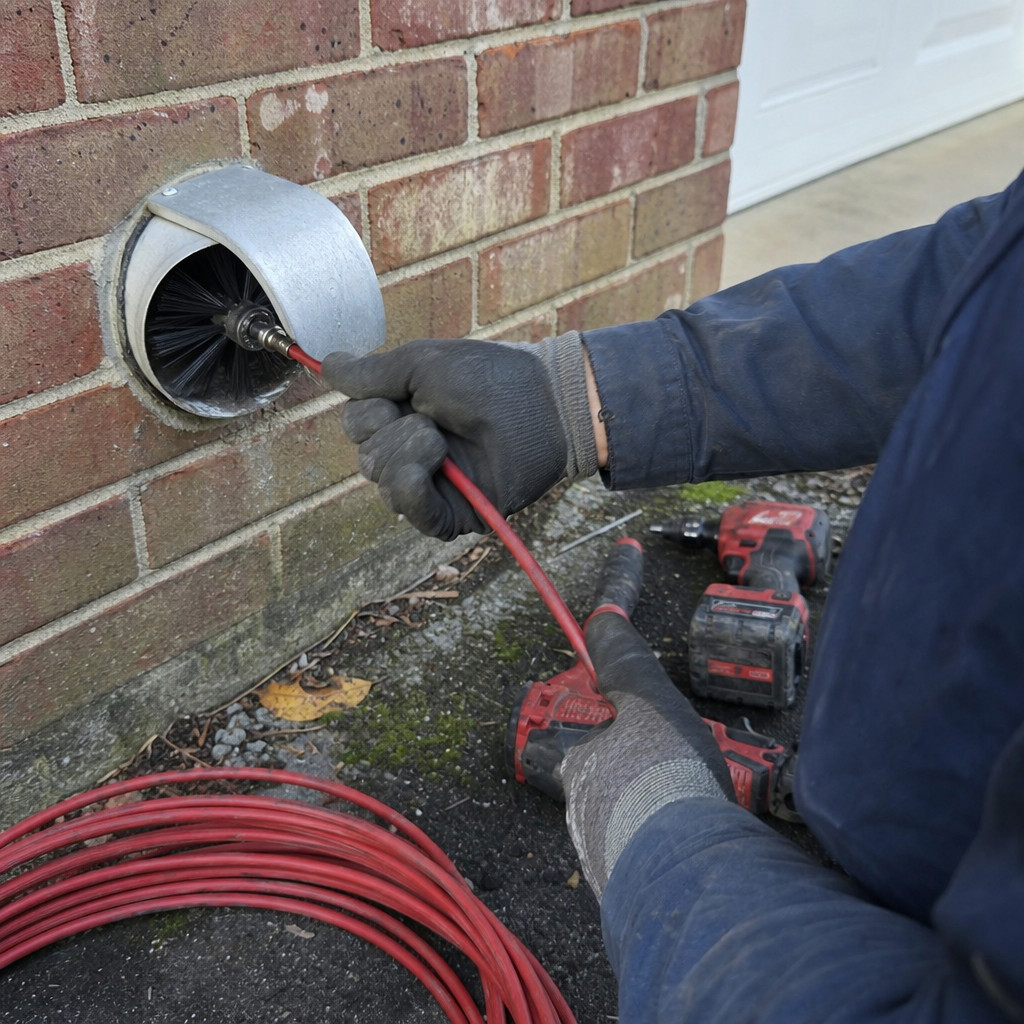 Technician using a rotating brush tool for professional dryer vent cleaning in Cincinnati, OH