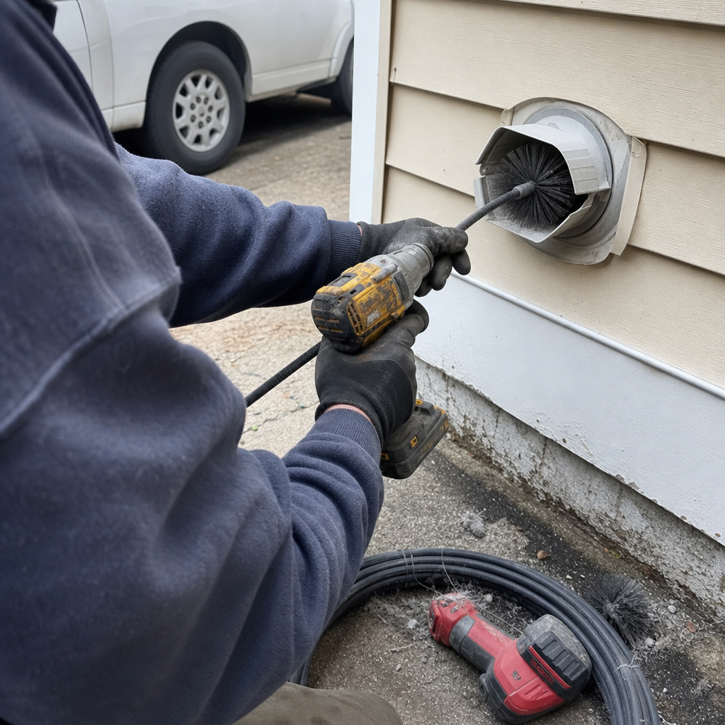 Technician performing professional dryer vent cleaning with a rotary brush tool in Mack, OH