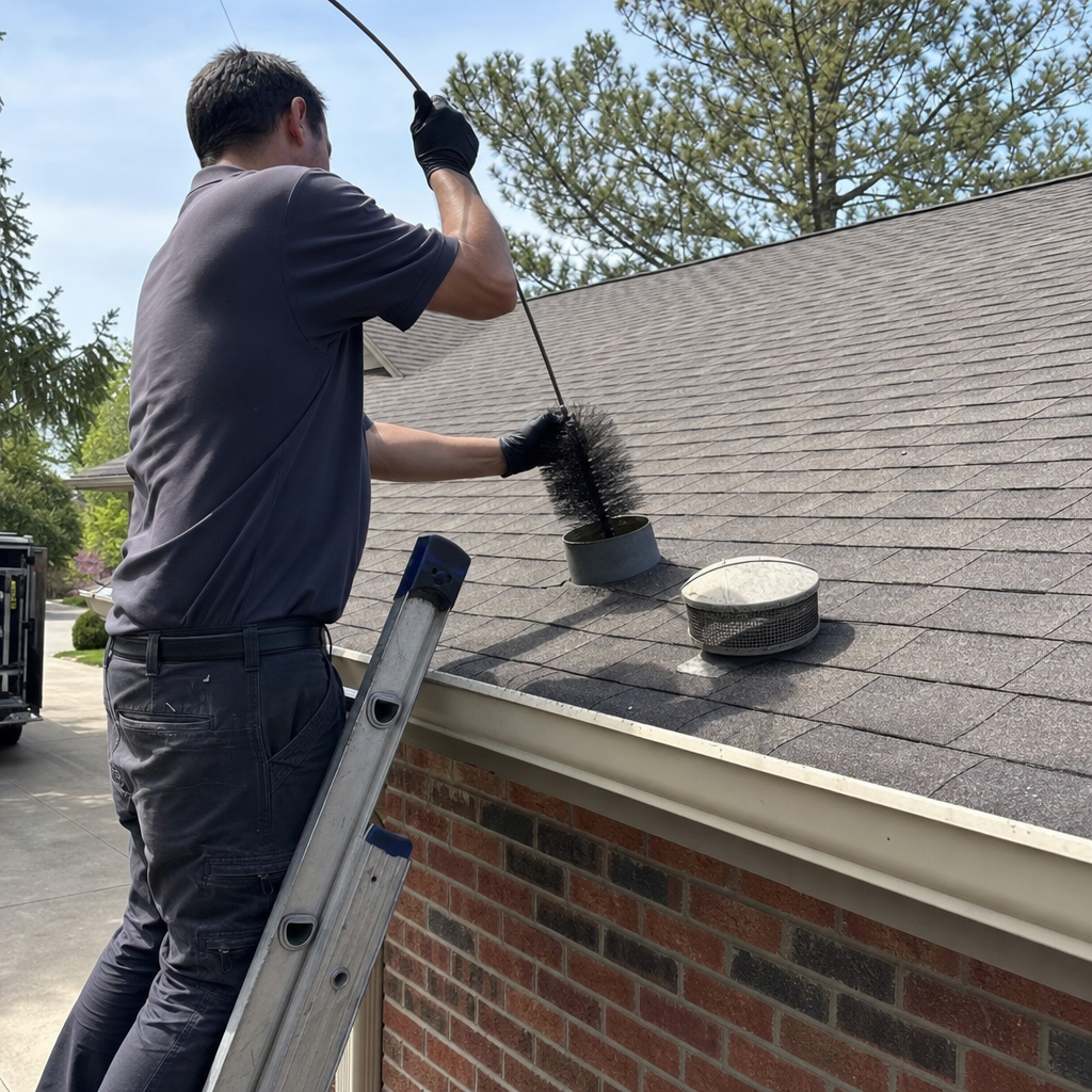 Technician performing professional dryer vent cleaning on a residential roof in Madeira, OH