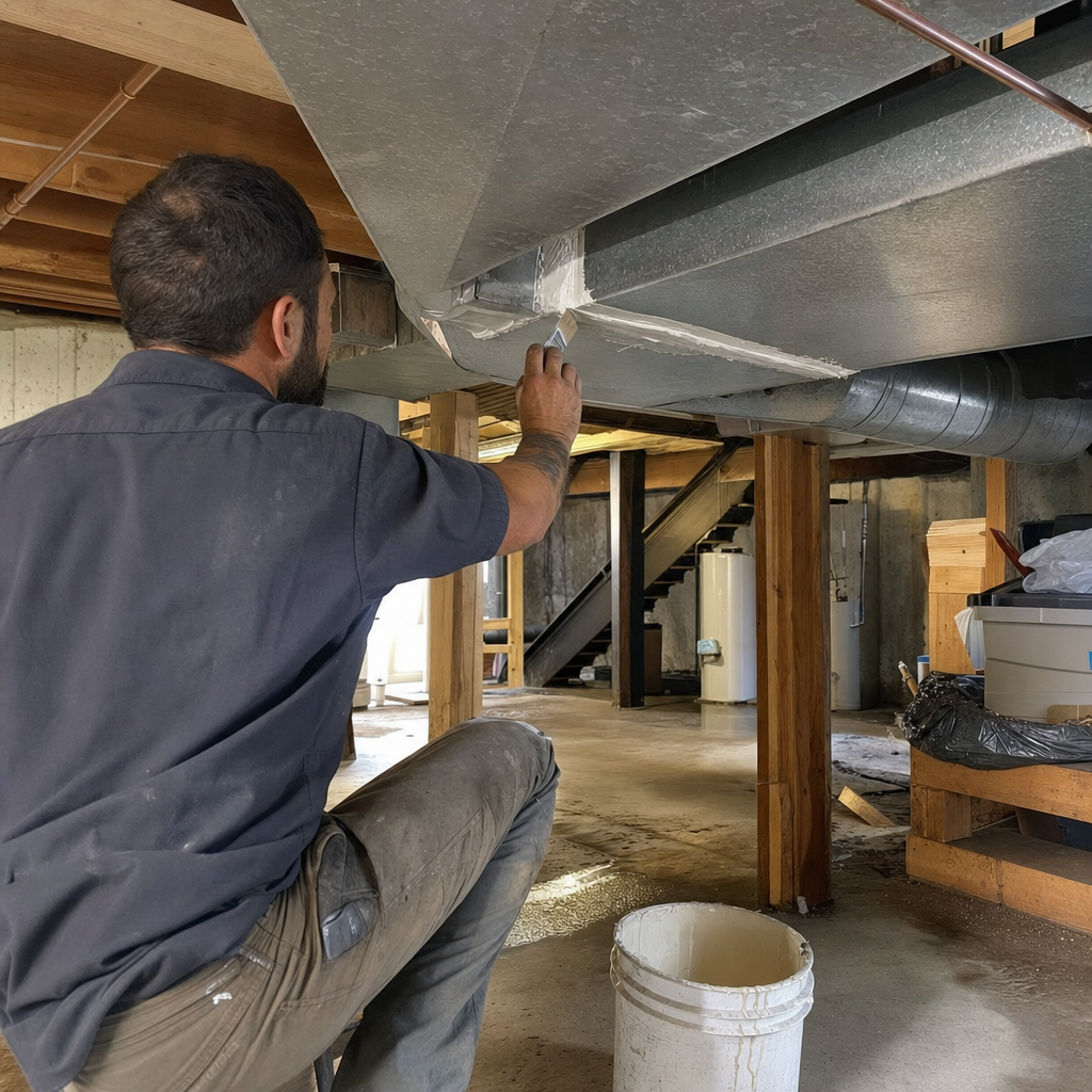 HVAC technician applying sealant to a metal air duct in Covedale, OH