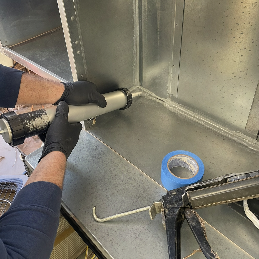 professional technician applying sealant to metal HVAC air duct seams in Kettering, OH