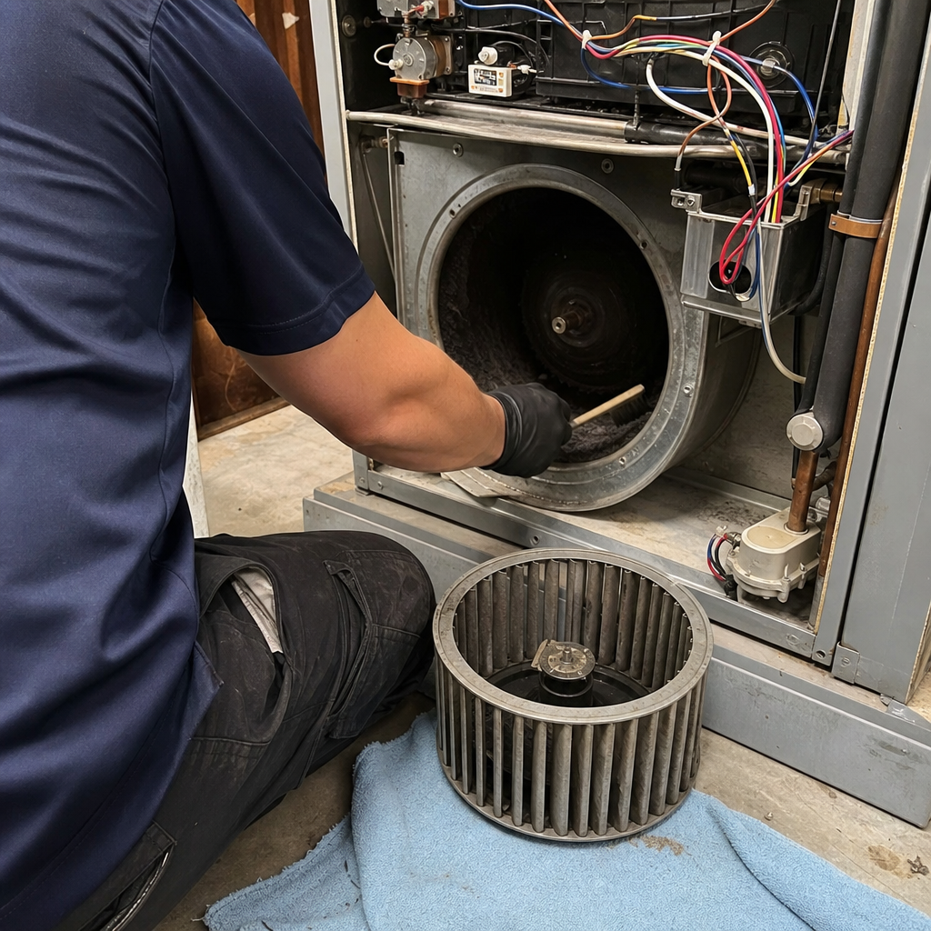 HVAC technician cleaning furnace blower assembly and housing during maintenance in Cold Spring, OH