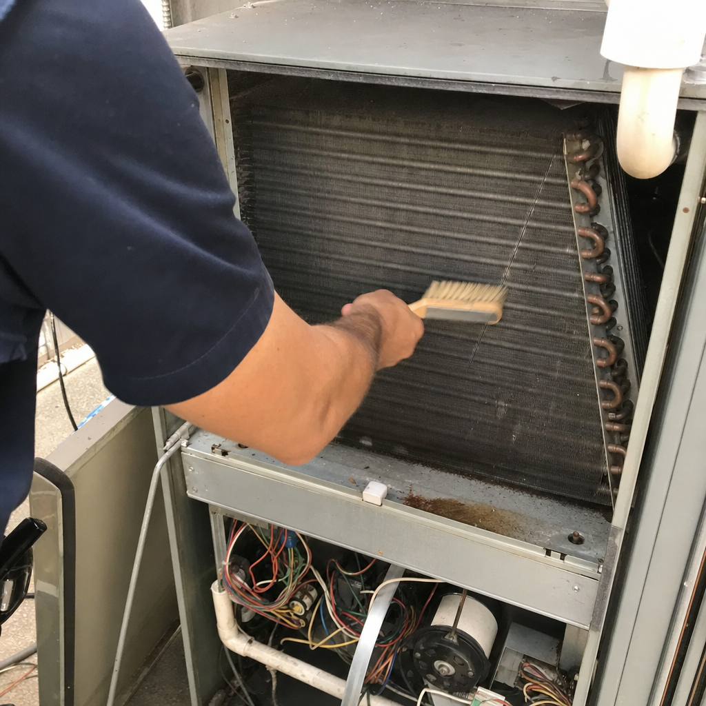 Technician using a brush to clean HVAC system coils in Northgate, OH