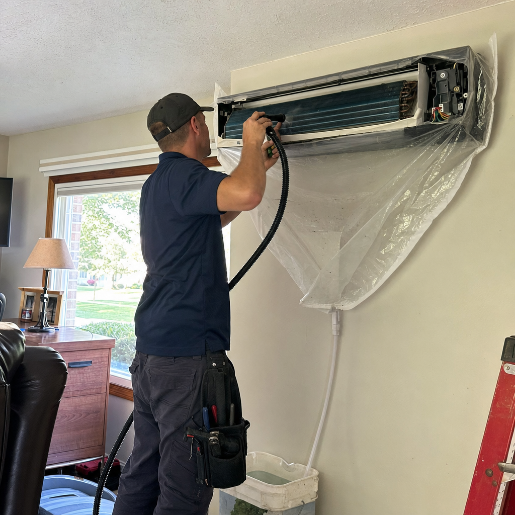 Technician performing professional HVAC duct and mini-split system cleaning in Oakbrook, OH
